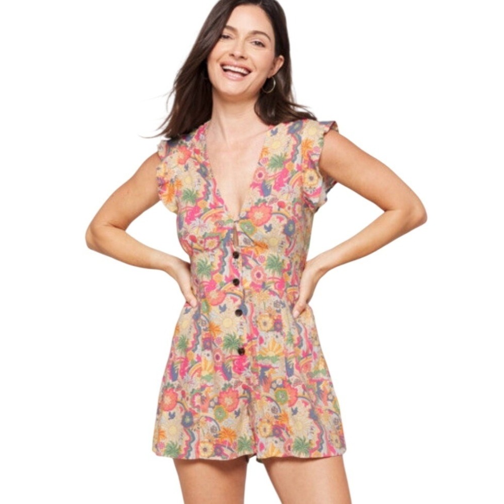 Marine Layer Camila Romper Groovy Print Hemp Tencel Floral V-Neck Medium Ruffle